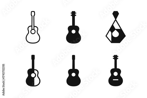 Indie Guitar Logos. Indie Music. Set Logo of Indie Music: guitar. harmonious logo variations of the same emblematic concept, each with different artistic