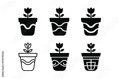Gardening Logo Variations. Decorating a flower pot. Set Logo of Gardening: pot with decorative patterns. harmonious logo variations of the same emblematic