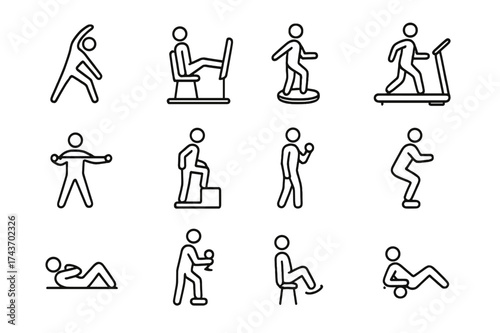 Rehabilitation Exercise Icons. Rehabilitation exercises. Line icon set of Rehabilitation exercises: athlete stretching, leg press, balance board, treadmill,