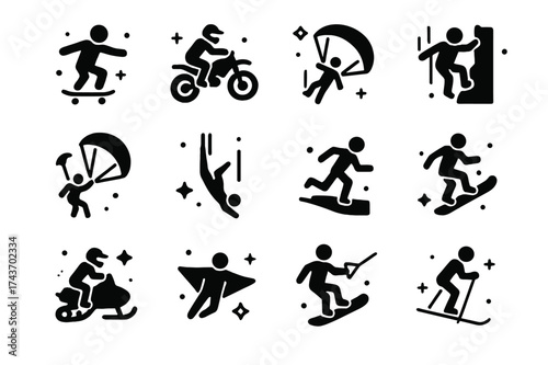 Extreme Sports Icons. Extreme Sports. Solid icons set of skateboarding, motocross, base jumping, ice climbing, kite surfing, free diving, parkour,