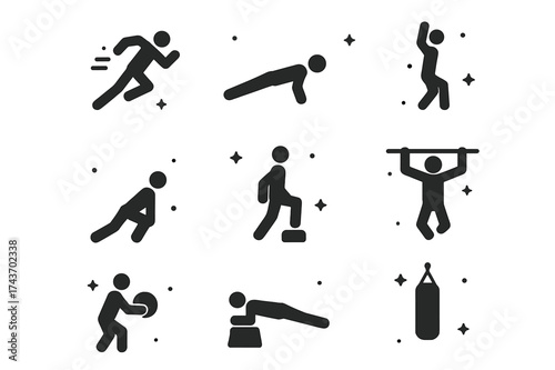 HIIT Workout Icons. HIIT Training. Solid icons set of HIIT Training: sprinting figure, push-up, sit-up, burpee, squat, lunge, plank, pull-up bar, medicine