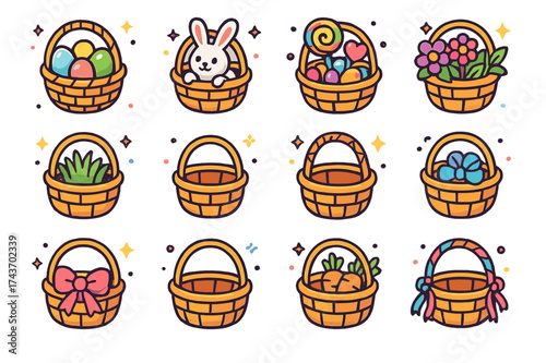 Colorful Easter Baskets. Easter basket. Colorful isometric vector icons set of Easter basket: wicker basket with eggs, basket with bunny, basket with candy,
