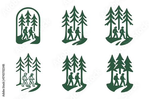 Mountain Hiking Logos. Friends hiking in the mountains, enjoying nature and the outdoors together. Set Logo of forest path: hikers walking under stylized
