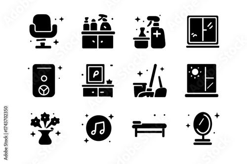 Beauty Salon Icons. Beauty Salon Environment. Solid icons set of Beauty Salon Environment: comfortable chair, clean countertop, sanitized workspace, fresh air,