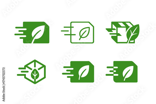 Eco-Friendly Logo Designs. Trade in eco-friendly products and sustainable merchandise. Set Logo of eco delivery: box with green leaf and motion
