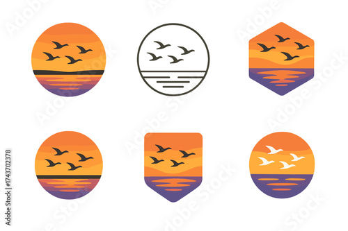 Bird Migration Logos. A flock of birds migrating across the sky at sunset, silhouetted against the colorful horizon. Set Logo of reflective water: birds flying
