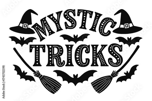 Mystic Display Lettering. Mystic Tricks ? Decorative Display Lettering, playful stylized letters with dots and stripes inside, curved layout, framed by hats,