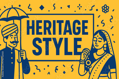 Heritage Celebration Banner. HeritageStyle banner, flat vector illustration, bold oversized text inside rectangular frame, cartoon characters showcasing ethnic