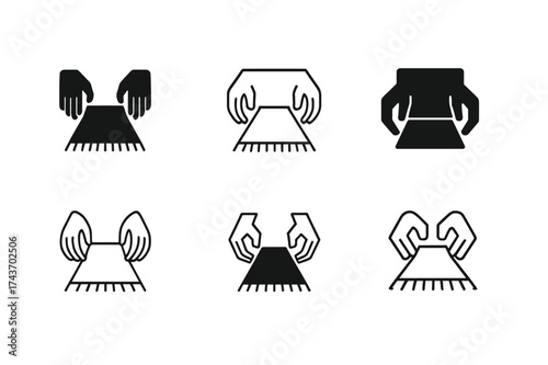 Stylized Rug Logos. Placing a rug in the center of the room. Set Logo of Interior design: hands adjusting rug icon. harmonious logo variations of the same