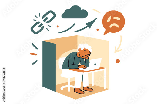 Isolated Work Scene. Isolation at work. Person sitting alone in glowing cubicle surrounded by dark empty space. Floating icons of broken chain, cloud, and sigh