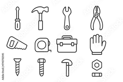 Toolbox Essentials Icons. Toolbox essentials. Line icon set of toolbox essentials: screwdriver, hammer, wrench, pliers, saw, tape measure, toolbox, glove,