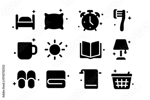 Morning Routine Icons. Morning routine. Solid icons set of Morning routine: bed, pillow, alarm clock, toothbrush, mug, sun, book, lamp, slippers, folded sheet,