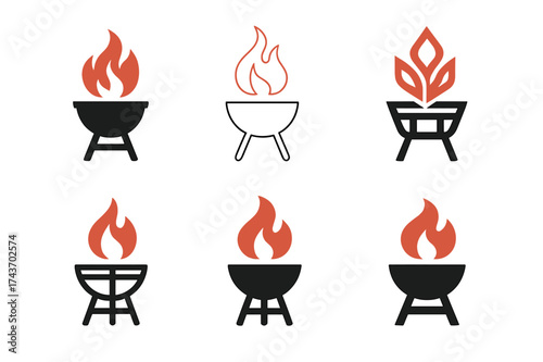 Grill Flame Logos. Outdoor leisure (picnics, barbecues). Set Logo of grill flames: fire and smoke rising above barbecue. harmonious logo variations of the same