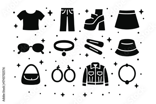 Pop Culture Icons. Pop Culture Fashion. Solid icons set of Pop Culture Fashion: Baby Tee, Low-Rise Jeans, Platform Shoes, Mini Skirt, Sunglasses, Choker, Hair