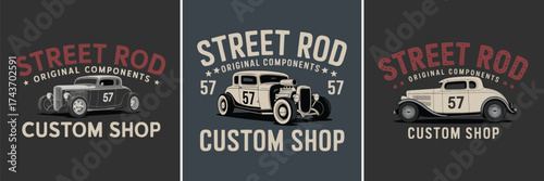 Street rod custom shop vintage hot rod car illustration with number 57 original components typography emblem badge artwork for poster sticker logo and t shirt design