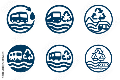 Municipal Service Logos. Municipal services improvement. Set Logo of municipal badge: circular emblem with water, transport, and recycling icons. harmonious
