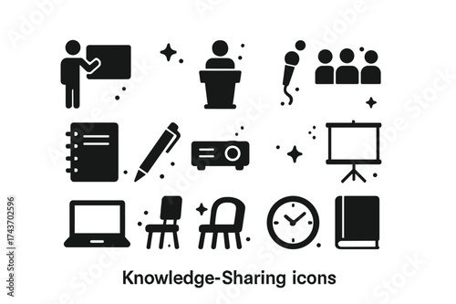 Knowledge Sharing Icons. Knowledge Sharing. Solid icons set of Knowledge Sharing: Teacher, Podium, Microphone, Audience, Notebook, Pen, Projector, Screen,