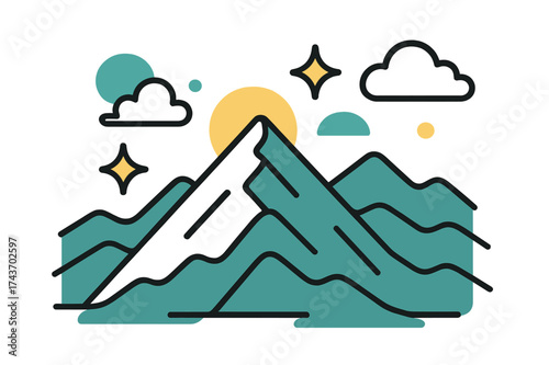 Colorful Mountain Horizon. Skyline Horizon. A glowing mountaintop view with layered peaks stretching into distance, abstract floating clouds and spark icons.