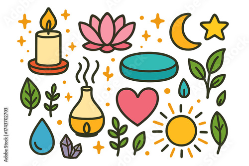 Colorful Meditation Doodles. Meditation. Colorful Hand-drawn doodle Children illustration Candle, lotus flower, flame, moon, star, cushion, sparkles, heart,