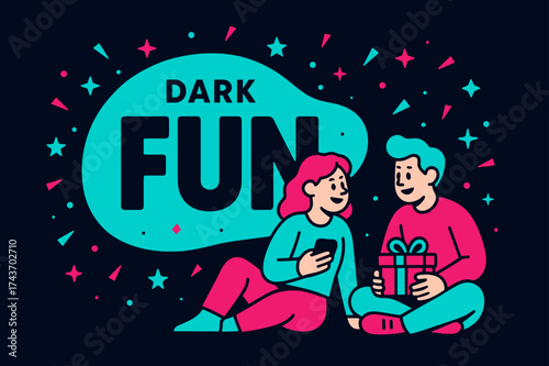 Dark Fun Banner. Dark Fun banner, flat vector illustration, bold oversized text inside rounded blob, cartoon characters sitting and chatting, holding