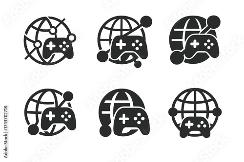 Harmonious Gaming Logos. Digital gaming leagues. Set Logo of network play: globe with connecting gaming nodes. harmonious logo variations of the same