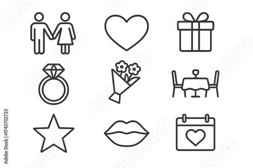 Romantic Icons Grid. Romantic expectations. Line icon set of romantic expectations: couple holding hands, heart, gift box, diamond ring, bouquet, dinner table,