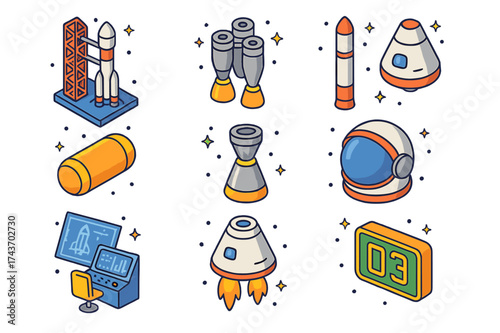 Rocket Engineering Icons. Rocket Engineering. Colorful isometric vector icons set of Rocket Engineering: launch pad, booster engine, rocket stages, fuel tank,