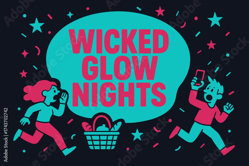 Wicked Glow Nights. Wicked Glow Nights banner, flat vector illustration, bold oversized text inside rounded blob, cartoon characters running and shouting,