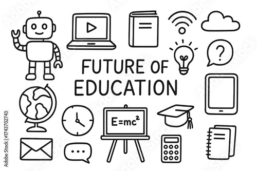 Education in the Future. Future of education. Hand-drawn doodle illustration future of education robot, laptop, book, globe, WiFi signal, lightbulb,