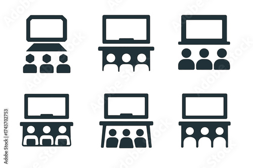Classroom Technology Logos. Students using laptops and tablets in classrooms. Set Logo of modern classroom: screen and desk setup in structured rows.