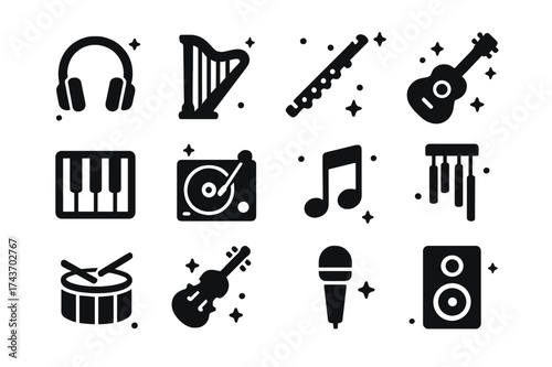 Relaxing Music Icons. Relaxing ambiance music. Solid icons set of headphones, harp, flute, guitar, piano keys, record player, music note, chime, drum, violin,