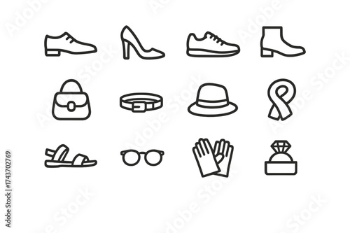 Fashion Icon Set. Shoe and accessories. Line icon set of Shoe and accessories: shoes, heels, sneakers, boots, sandals, handbags, belts, hats,