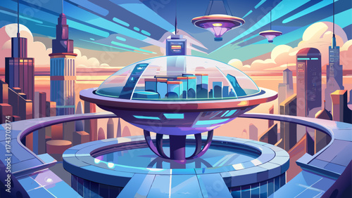 Luxury sky lounge floating above futuristic city, soft ambient lights, glass floor, and curved architecture, elegant concept reflecting technology, style, and serenity.