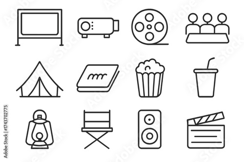 Open-Air Cinema Icons. Open-air cinema. Line icon set of Open-air cinema: outdoor screen, projector, film reel, audience, tent, blanket, popcorn, soda cup,