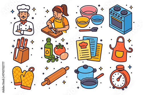 Culinary Workshop Icons. Culinary workshop. Colorful isometric vector icons set of culinary workshop: chef instructor, students chopping, mixing bowls, stove,