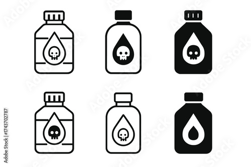 Chemical Hazard Logos. Drain cleaning chemicals. Set Logo of bottle icon: chemical container with hazard droplet. harmonious logo variations of the same