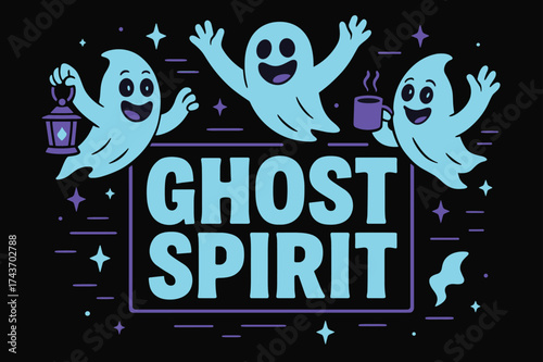 Ghostly Celebration Banner. Ghost Spirit banner, flat vector illustration, bold oversized text inside rectangular frame, cartoon characters jumping and waving,