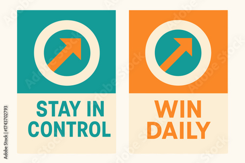 Stay and Win Banners. Determination. Two vertical A6 banners with safe margins, centered composition, no elements touching edges, geometric style, turquoise