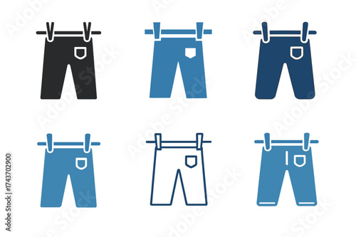 Laundry Logo Variations. Hanging up clothes immediately after laundry. Set Logo of Hanging up clothes immediately after laundry: Jeans on