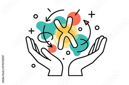 Floating Chromosomes Art. Genetics. A pair of hands holding floating chromosomes glowing in abstract forms, arrows and circles orbiting around.