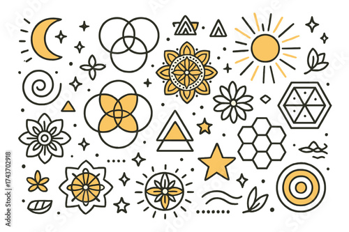 Holistic Doodle Art. Holistic Patterns. Hand-drawn doodle illustration holistic patterns flower of life (accented), overlapping circles, mandala elements