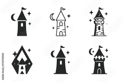 Wizard Tower Logos. Fictional world. Set Logo of Fantasy realm: wizard tower. harmonious logo variations of the same emblematic concept, each with different