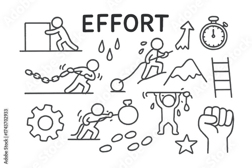 Effort Symbol Doodle Art. Effort. Hand-drawn doodle illustration Effort person pushing, pulling rope, dragging chain, lifting weight, sweat drops, arrow up,