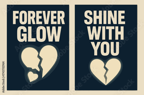 Brutalist Banner Design. Forever Glow. Two vertical A6 banners with safe margins, centered composition, no elements touching edges, brutalist style, navy and