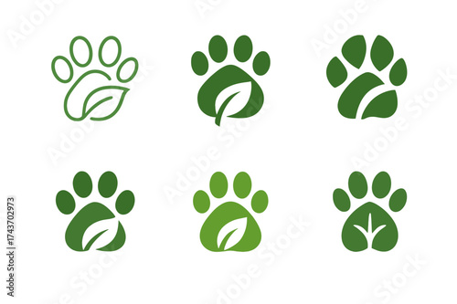 Eco-Friendly Pet Logo. Eco-Friendly Pet Care. Set Logo of Eco-Friendly Pet Care: paw print with leaf. harmonious logo variations of the same emblematic