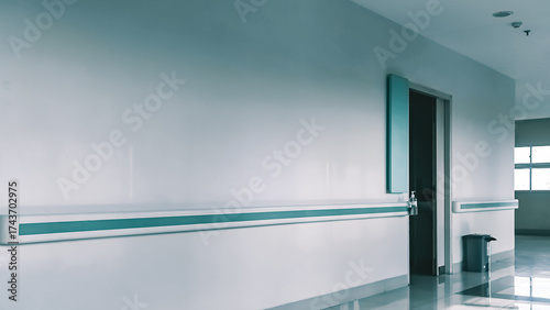 Photos Interior of a sterile hospital corridor depicting cleanliness and medical care a