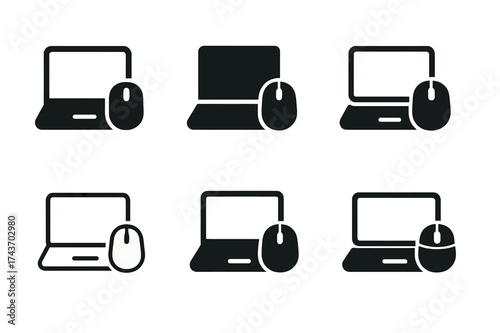 Wireless Mouse Logos. Using a wireless mouse at the desk. Set Logo of Using a wireless mouse at the desk: Laptop with mouse beside it. harmonious