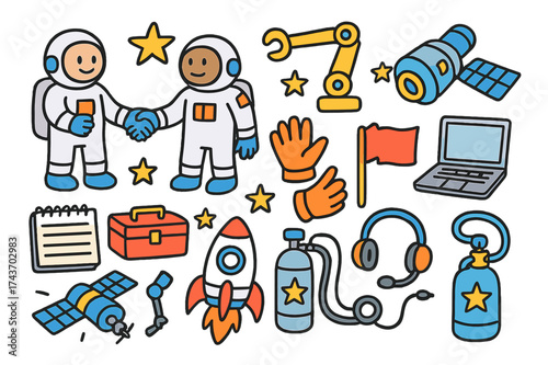 Space Teamwork Icons. Teamwork. Colorful Hand-drawn doodle Children illustration Astronauts, handshake, toolbox, notebook, robot arm, space module, star, flag,