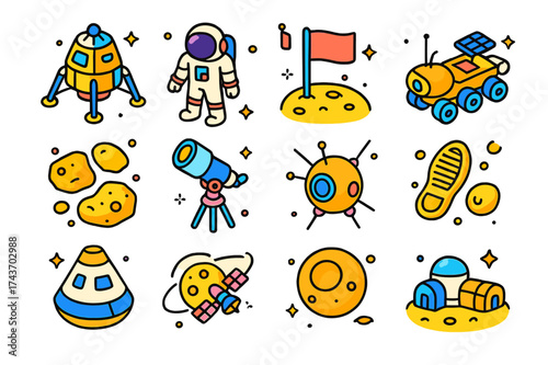 Moon Exploration Icons. Moon Exploration. Colorful isometric vector icons set of Moon Exploration: lunar lander, astronaut on moon, flag, rover, lunar rocks,