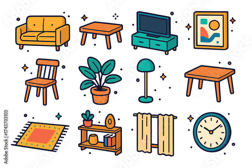 Modern Home Icons Set. Modern Home. Colorful isometric vector icons set of Modern Home: neutral sofa, coffee table, TV stand, abstract wall art, wooden chair,